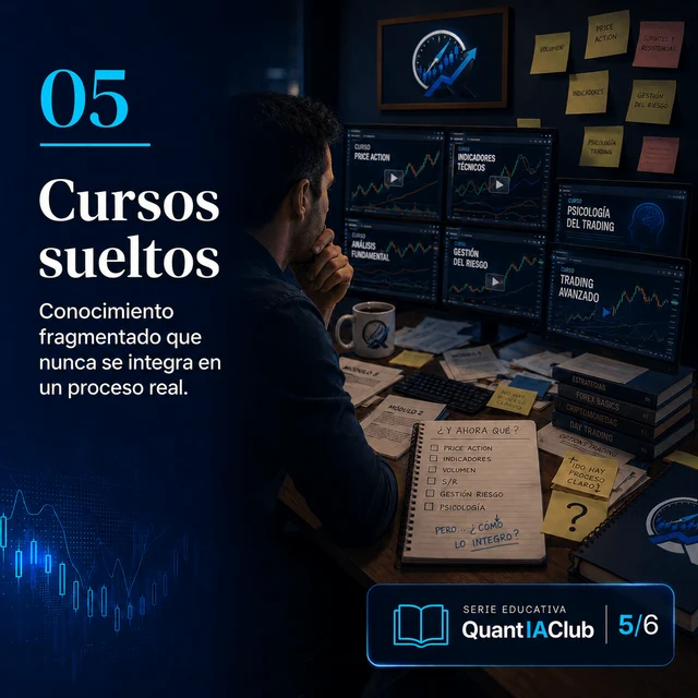 Cursos sueltos: Doce cursos comprados, tres terminados, cero sistemas operados. Conocimiento sin proceso.